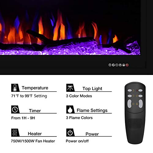 Valuxhome Electric Fireplace, 74 Inches Fireplace, Recessed and Wall Mounted Fireplaces for Living Room with Remote, Overheating Protection, Logset and Crystal, Touch Screen, 1500W/750W, Black