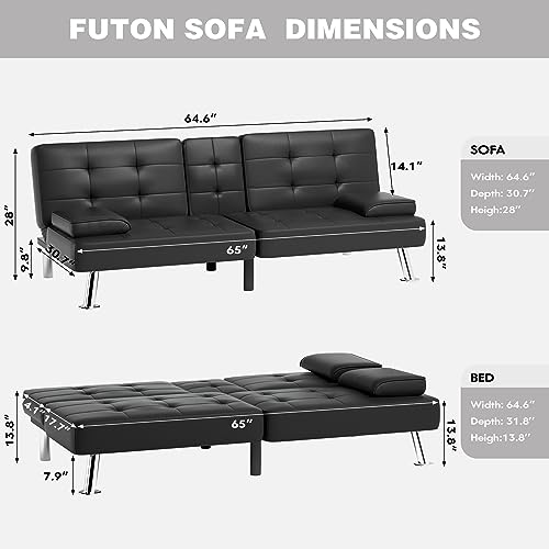 JUMMICO Faux Leather Upholstered Modern Convertible Folding Futon Sofa Bed with Removable Armrests, Adjustable Recliner Couch Bed Loveseat with 2 Cup Holders for Living Room