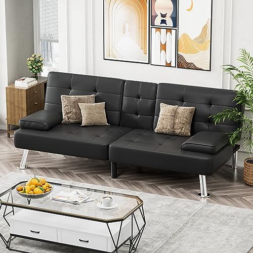 JUMMICO Faux Leather Upholstered Modern Convertible Folding Futon Sofa Bed with Removable Armrests, Adjustable Recliner Couch Bed Loveseat with 2 Cup Holders for Living Room