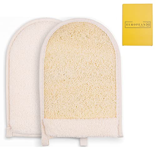 EUROPEAN M6 Loofah Exfoliating Body Scrubber - Dual Side Big Size Exfoliator Bath Sponge Glove, Natural Organic Large Luffa for Women and Men Deep Exfoliation Loofa Wash Mitt Fit Perfect in Your Hand