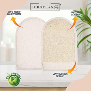 EUROPEAN M6 Loofah Exfoliating Body Scrubber - Dual Side Big Size Exfoliator Bath Sponge Glove, Natural Organic Large Luffa for Women and Men Deep Exfoliation Loofa Wash Mitt Fit Perfect in Your Hand