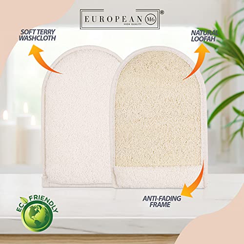 EUROPEAN M6 Loofah Exfoliating Body Scrubber - Dual Side Big Size Exfoliator Bath Sponge Glove, Natural Organic Large Luffa for Women and Men Deep Exfoliation Loofa Wash Mitt Fit Perfect in Your Hand