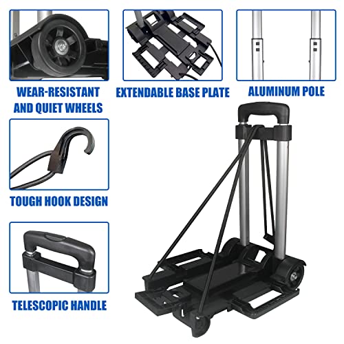 APOXCON Folding Hand Truck, 120 lbs Capacity Luggage Cart with 2 Wheels & Adjustable Handle, Foldable Trolley Aluminum Lightweight