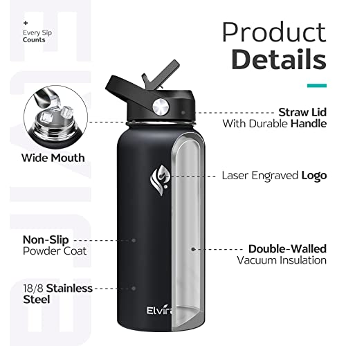 Elvira 32oz Vacuum Insulated Stainless Steel Water Bottle with Straw & Spout Lids, Double Wall Sweat-proof BPA Free to Keep Beverages Cold For 24Hrs or Hot For 12Hrs-Black