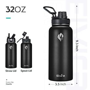Elvira 32oz Vacuum Insulated Stainless Steel Water Bottle with Straw & Spout Lids, Double Wall Sweat-proof BPA Free to Keep Beverages Cold For 24Hrs or Hot For 12Hrs-Black