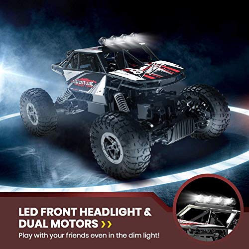 DEERC DE45 RC Cars Remote Control Car 1:14 Off Road Monster Truck,Metal Shell 4WD Dual Motors LED Headlight Rock Crawler,2.4Ghz All Terrain Hobby Truck with 2 Batteries for 90 Min Play,Boy Adult Gifts