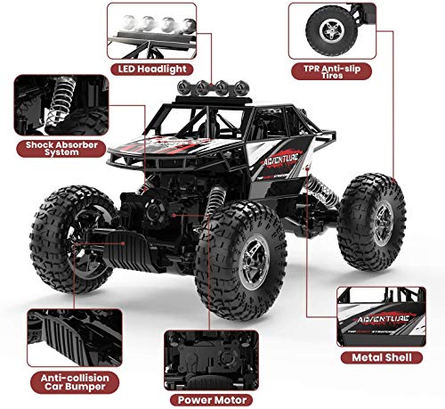 DEERC DE45 RC Cars Remote Control Car 1:14 Off Road Monster Truck,Metal Shell 4WD Dual Motors LED Headlight Rock Crawler,2.4Ghz All Terrain Hobby Truck with 2 Batteries for 90 Min Play,Boy Adult Gifts