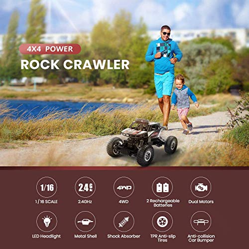 DEERC DE45 RC Cars Remote Control Car 1:14 Off Road Monster Truck,Metal Shell 4WD Dual Motors LED Headlight Rock Crawler,2.4Ghz All Terrain Hobby Truck with 2 Batteries for 90 Min Play,Boy Adult Gifts