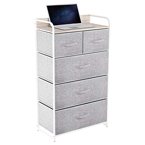 YITAHOME Fabric Dresser with 5 Drawers - Storage Tower with Large Capacity, Organizer Unit for Bedroom, Living Room & Closets - Sturdy Steel Frame, Wooden Top & Easy Pull Fabric Bins (Light Grey)