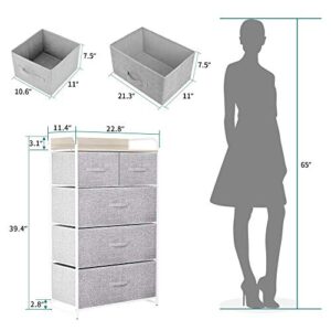 YITAHOME Fabric Dresser with 5 Drawers - Storage Tower with Large Capacity, Organizer Unit for Bedroom, Living Room & Closets - Sturdy Steel Frame, Wooden Top & Easy Pull Fabric Bins (Light Grey)