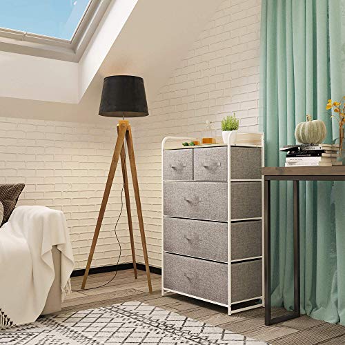 YITAHOME Fabric Dresser with 5 Drawers - Storage Tower with Large Capacity, Organizer Unit for Bedroom, Living Room & Closets - Sturdy Steel Frame, Wooden Top & Easy Pull Fabric Bins (Light Grey)