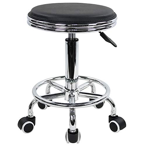 KKTONER Round Rolling Stool with Foot Rest PU Leather Height Adjustment Modern Industrial Metal Style Swivel Spa Salon Tattoo Work Massage Stools Small (Black)