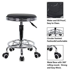 KKTONER Round Rolling Stool with Foot Rest PU Leather Height Adjustment Modern Industrial Metal Style Swivel Spa Salon Tattoo Work Massage Stools Small (Black)