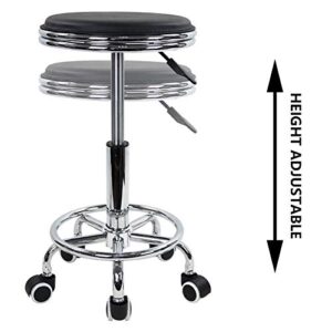 KKTONER Round Rolling Stool with Foot Rest PU Leather Height Adjustment Modern Industrial Metal Style Swivel Spa Salon Tattoo Work Massage Stools Small (Black)