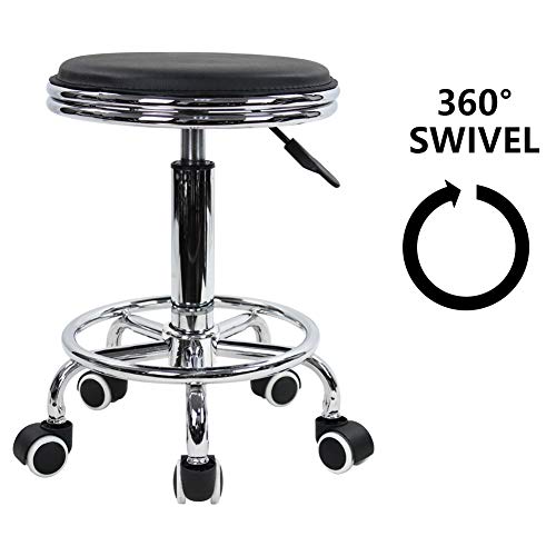 KKTONER Round Rolling Stool with Foot Rest PU Leather Height Adjustment Modern Industrial Metal Style Swivel Spa Salon Tattoo Work Massage Stools Small (Black)