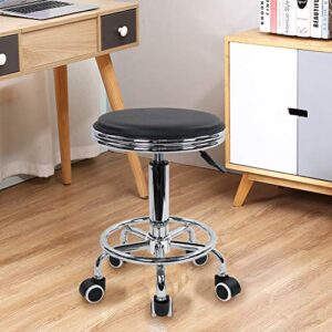 KKTONER Round Rolling Stool with Foot Rest PU Leather Height Adjustment Modern Industrial Metal Style Swivel Spa Salon Tattoo Work Massage Stools Small (Black)