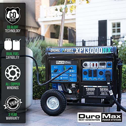 DuroMax XP13000HX Dual Fuel Portable Generator - 13000 Watt Gas or Propane Powered - Electric Start w/ CO Alert, 50 State Approved, Blue