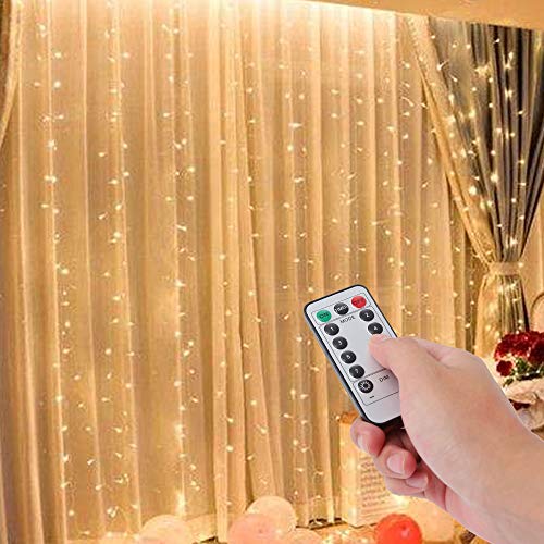 JMTGNSEP Curtain Light with 8 Modes Control Decoration for Window Home Patio Garden Christmas Indoor Outdoor Decoration, USB Operated, IP64Waterproof, (7.8ft X 5.9ft) (Warm White)