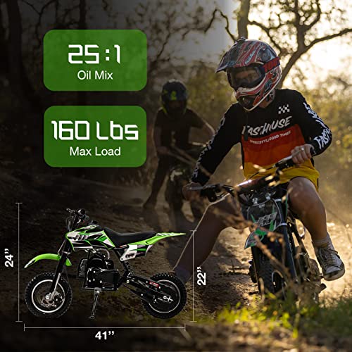 FRP DB001 50CC 2-Stroke Kid Dirt Bike, Off-Road Mini Dirt Bike Up to 20Mph, EPA Approved Kids Dirt Bike W/Rear Suspension, Kill Switch, Front & Rear Disc Brake, Dirt Bike Gas Max Load 160Lbs (Green)