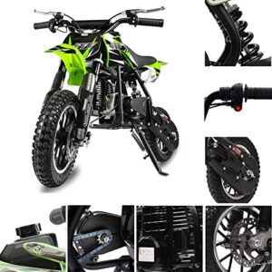 frp db001 50cc 2-stroke kid dirt bike, off-road mini dirt bike up to 20mph, epa approved kids dirt bike w/rear suspension, kill switch, front & rear disc brake, dirt bike gas max load 160lbs (green)