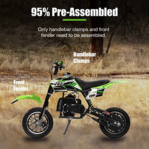 FRP DB001 50CC 2-Stroke Kid Dirt Bike, Off-Road Mini Dirt Bike Up to 20Mph, EPA Approved Kids Dirt Bike W/Rear Suspension, Kill Switch, Front & Rear Disc Brake, Dirt Bike Gas Max Load 160Lbs (Green)