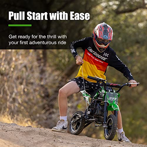 FRP DB001 50CC 2-Stroke Kid Dirt Bike, Off-Road Mini Dirt Bike Up to 20Mph, EPA Approved Kids Dirt Bike W/Rear Suspension, Kill Switch, Front & Rear Disc Brake, Dirt Bike Gas Max Load 160Lbs (Green)