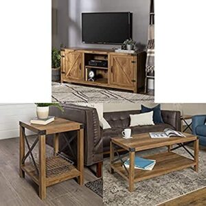 walker edison furniture company farmhouse barn wood universal stand for tv with square side accent living room small end table, 18 inch and wood rectangle accent coffee table ottoman storage shelf