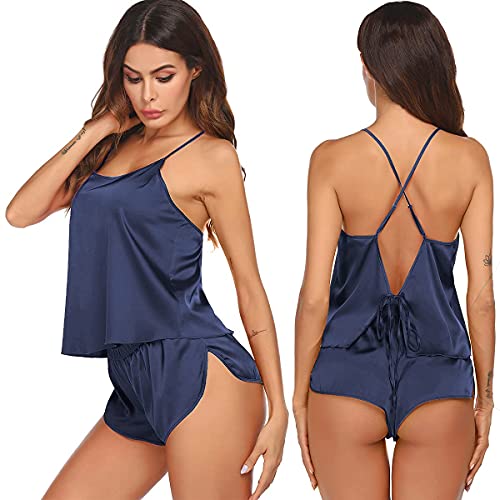 Ekouaer Womens Soft Satin Sleepwear Lingerie, 2 Piece Silk Pajamas, Cami top and Shorts Sleep Camisole, Nightwear, A-navy Blue, Medium