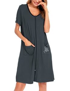 swomog women zipper front house coat short house dress duster lightweight nightwear summer bathrobe knee length sleepwear with pockets