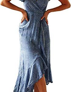 ZESICA Women's 2023 Bohemian Floral Printed Wrap V Neck Short Sleeve Split Beach Party Maxi Dress,Light BlueFloral,Small