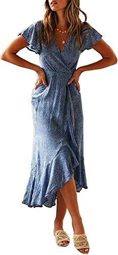 ZESICA Women's 2023 Bohemian Floral Printed Wrap V Neck Short Sleeve Split Beach Party Maxi Dress,Light BlueFloral,Small