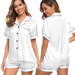 SWOMOG Womens Silk Satin Pajamas Short Sleeve Loungewear Two-Piece Sleepwear Button-Down Pj Set White