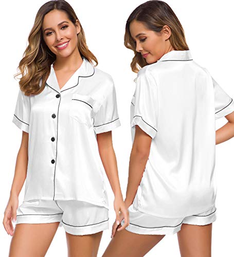 SWOMOG Womens Silk Satin Pajamas Short Sleeve Loungewear Two-Piece Sleepwear Button-Down Pj Set White