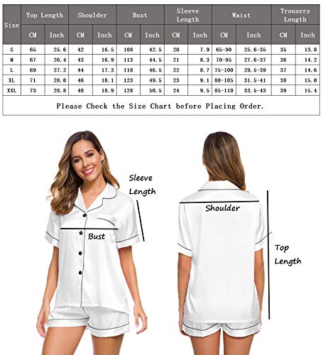 SWOMOG Womens Silk Satin Pajamas Short Sleeve Loungewear Two-Piece Sleepwear Button-Down Pj Set White