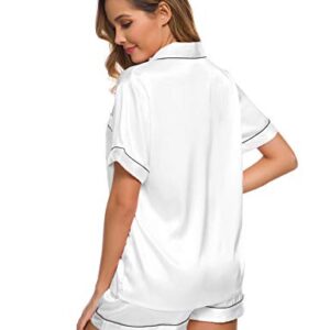 SWOMOG Womens Silk Satin Pajamas Short Sleeve Loungewear Two-Piece Sleepwear Button-Down Pj Set White