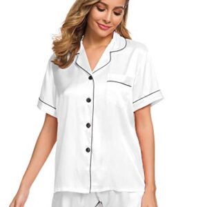 SWOMOG Womens Silk Satin Pajamas Short Sleeve Loungewear Two-Piece Sleepwear Button-Down Pj Set White