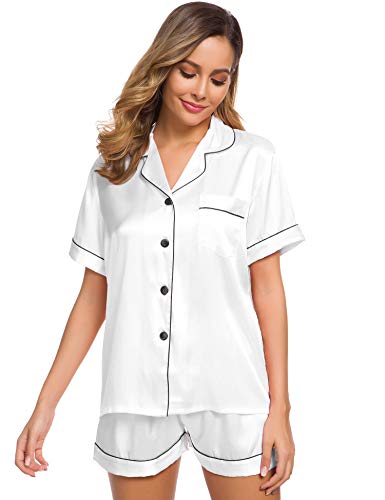 SWOMOG Womens Silk Satin Pajamas Short Sleeve Loungewear Two-Piece Sleepwear Button-Down Pj Set White