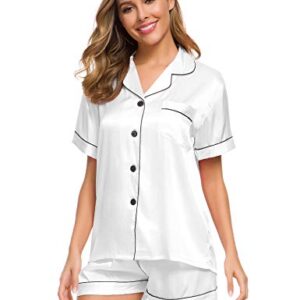 SWOMOG Womens Silk Satin Pajamas Short Sleeve Loungewear Two-Piece Sleepwear Button-Down Pj Set White