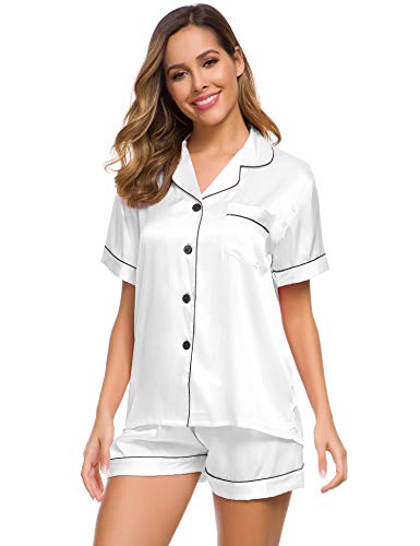 SWOMOG Womens Silk Satin Pajamas Short Sleeve Loungewear Two-Piece Sleepwear Button-Down Pj Set White