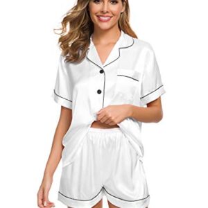 SWOMOG Womens Silk Satin Pajamas Short Sleeve Loungewear Two-Piece Sleepwear Button-Down Pj Set White