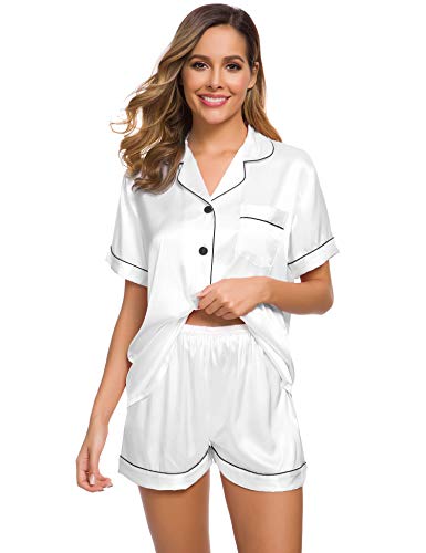 SWOMOG Womens Silk Satin Pajamas Short Sleeve Loungewear Two-Piece Sleepwear Button-Down Pj Set White