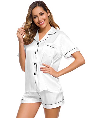 SWOMOG Womens Silk Satin Pajamas Short Sleeve Loungewear Two-Piece Sleepwear Button-Down Pj Set White