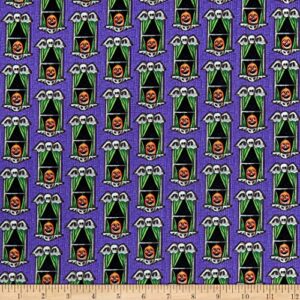 henry glass metallic spooky town small windows purple, quilting fabric by the yard