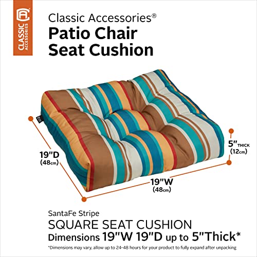 Classic Accessories Water-Resistant Square Patio Seat Cushions, 19 x 19 x 5 Inch, 2 Pack, SanteFe Stripe, Outdoor Seat Cushions