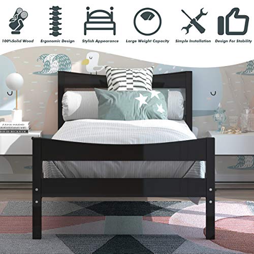 Giantex Wood Bed Frame Twin Size, Rustic Style Platform Bed w/Headboard & Footboard, Solid Wood Slat Support, No Box Spring Needed, Panel Bed Mattress Foundation for Kids (Espresso)