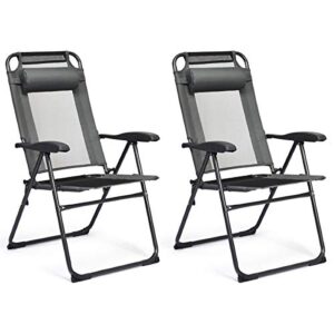 giantex set of 2 patio dining chairs, folding lounge chairs with 7 level adjustable backrest, headrest, 300 lbs capacity, outdoor portable chairs with metal frame (2, gray)