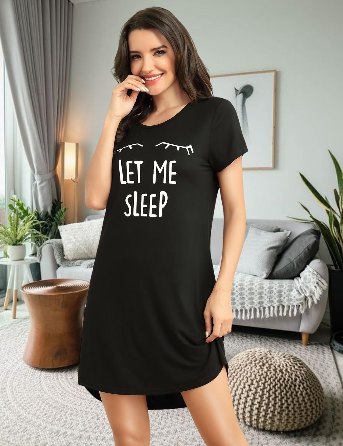 EISHOPEER Womens Sleep Shirts Soft Night Shirt Short Sleeve Nightgown Cute Sleep Wear Dress Black