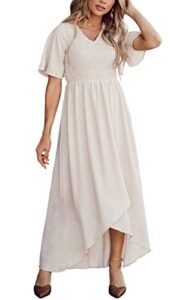 zattcas womens 2023 smocked maxi dress short sleeve vneck casual summer high low flowy long dress cream s