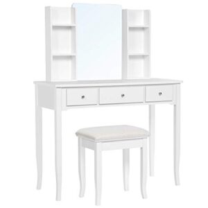 vasagle vanity set makeup dressing table with mirror, cushioned stool, for bedroom, 38.6 x 15.9 x 52.6 inches, white