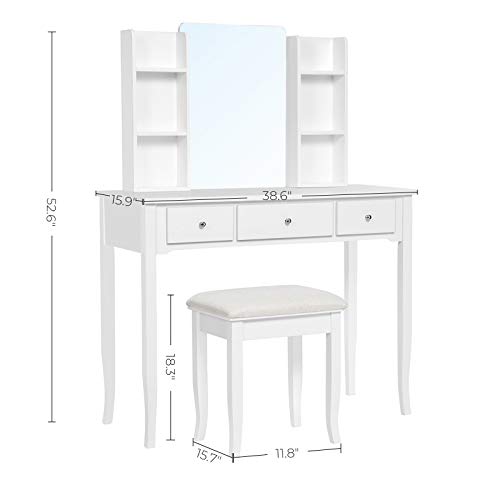 VASAGLE Vanity Set Makeup Dressing Table with Mirror, Cushioned Stool, for Bedroom, 38.6 x 15.9 x 52.6 Inches, White